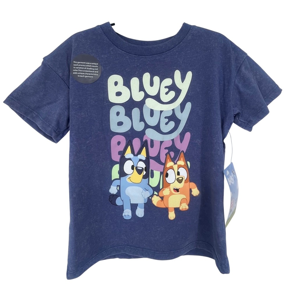 Bluey Graphic T-Shirt Kids 4T‎ Blue Short Sleeve Bingo Acid Wash NEW